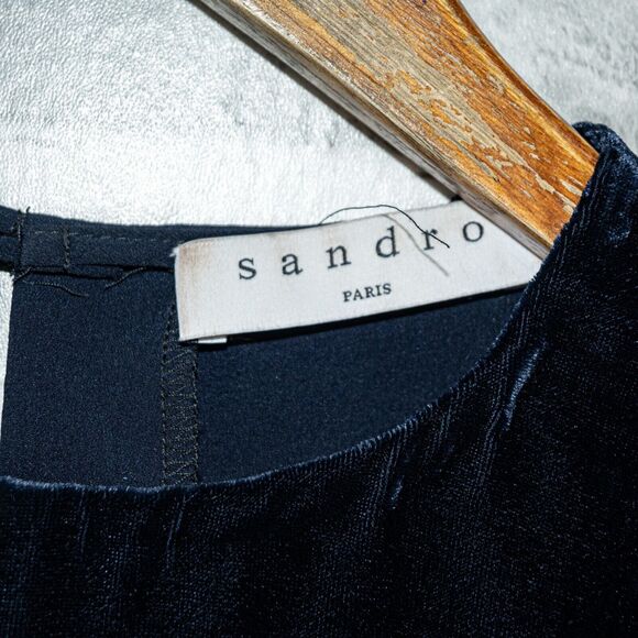 Sandro Paris Navy Short Sleeve Blouse Velvet trim Women's Size 2 - Picture 3 of 7